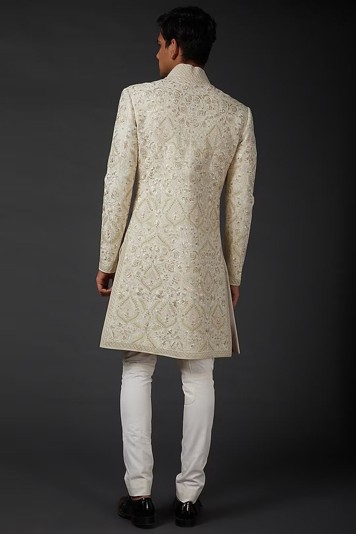 Men Ivory Sherwani In Matka Silk