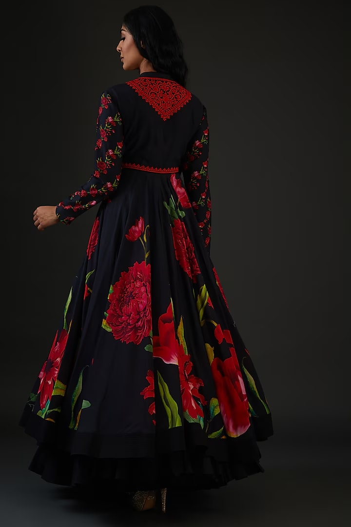 Chanderi Silk Printed Anarkali Set With Neck Embroidery