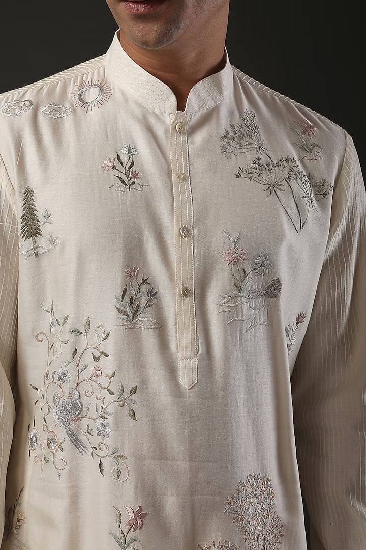 Men Ivory Chanderi Silk Resham Embroidered Kurta Set