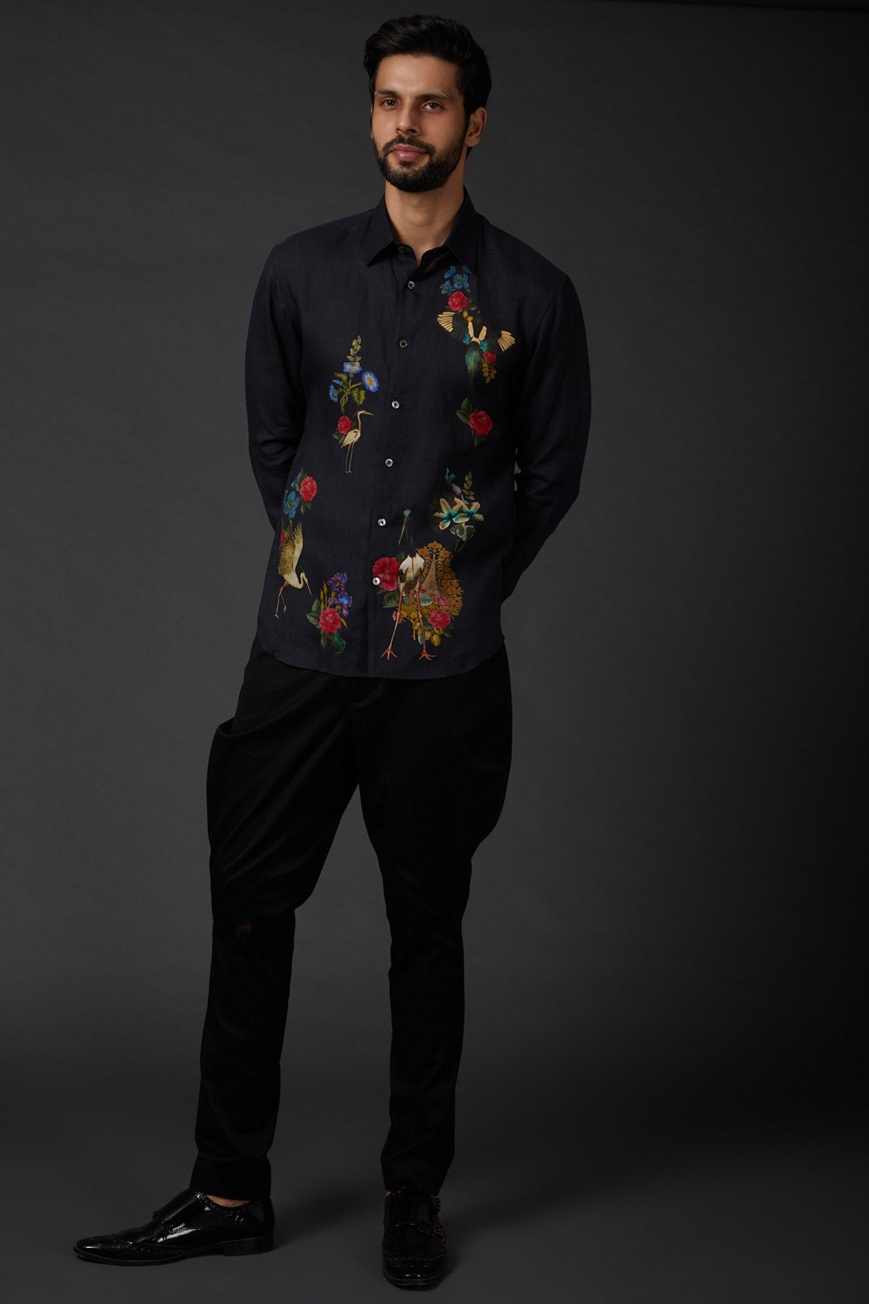 Black Poplin Shirt With Bird Embroidery