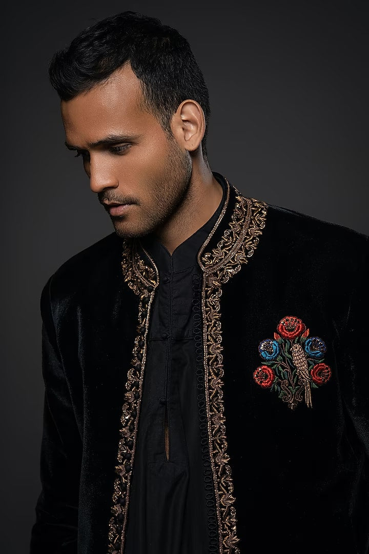 Black Velvet Resham & Thread Hand Embroidered Jacket