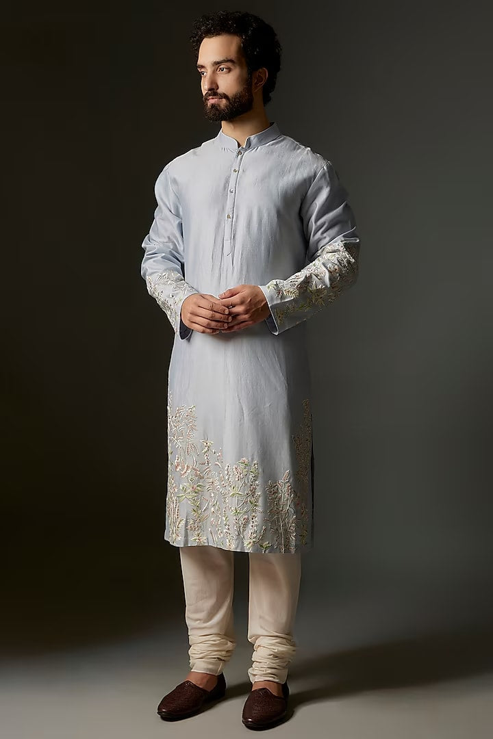 Men Powder Blue Chanderi Silk Hand Embroidered Kurta Set