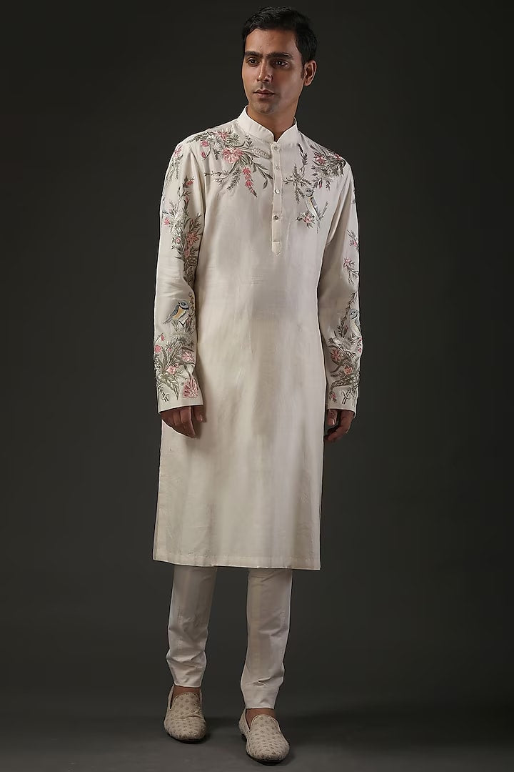Men Ivory Chanderi Silk Zari Embroidered Kurta Set