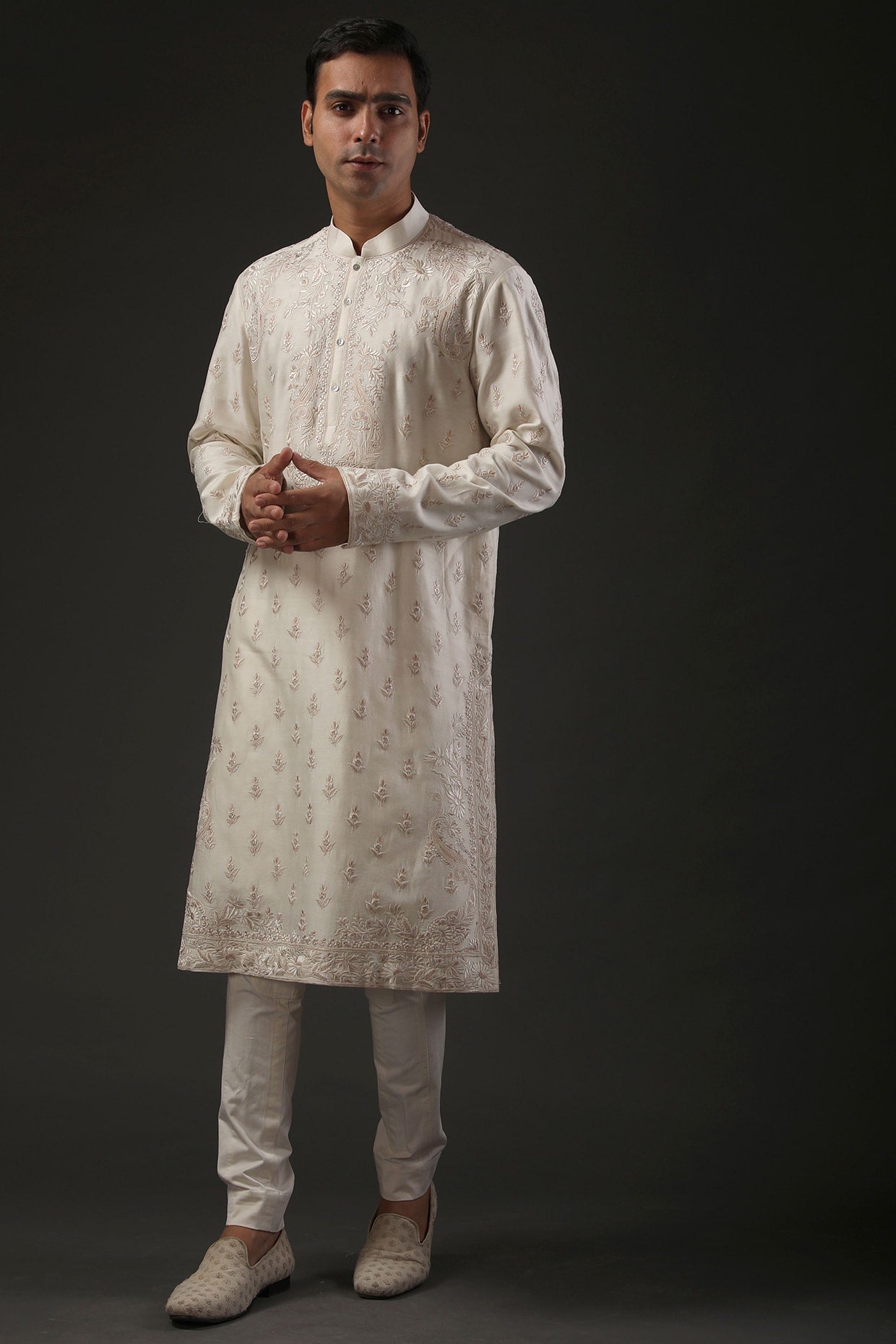 Men Ivory Chanderi Silk Resham Embroidered Kurta Set