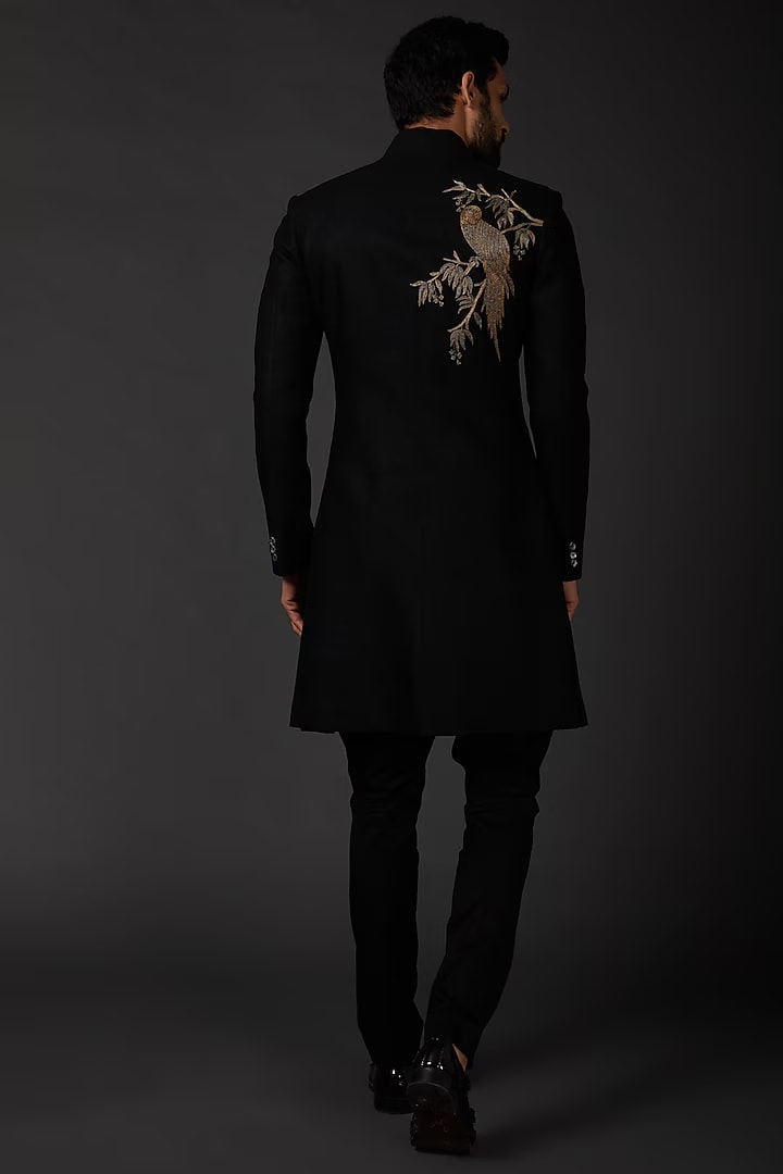 Men Black Sherwani In Matka Silk