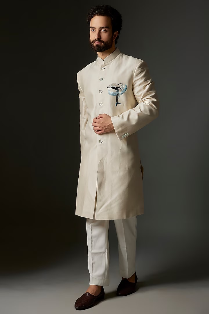 Men Ivory Matka Silk Applique Embroidered Sherwani