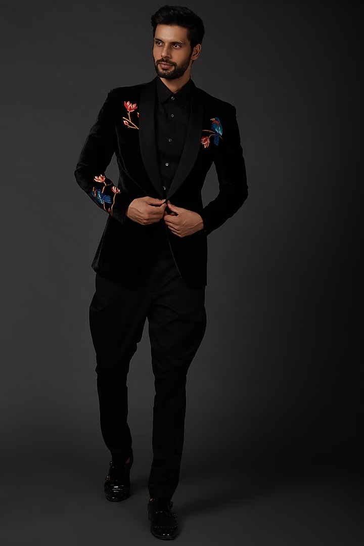 Men Black Silk Velvet Embroidered Tuxedo