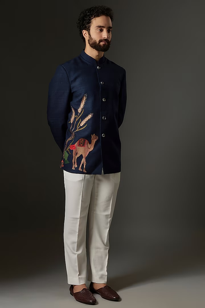 Indigo Blue Matka Silk Bead Embroidered Bandhgala