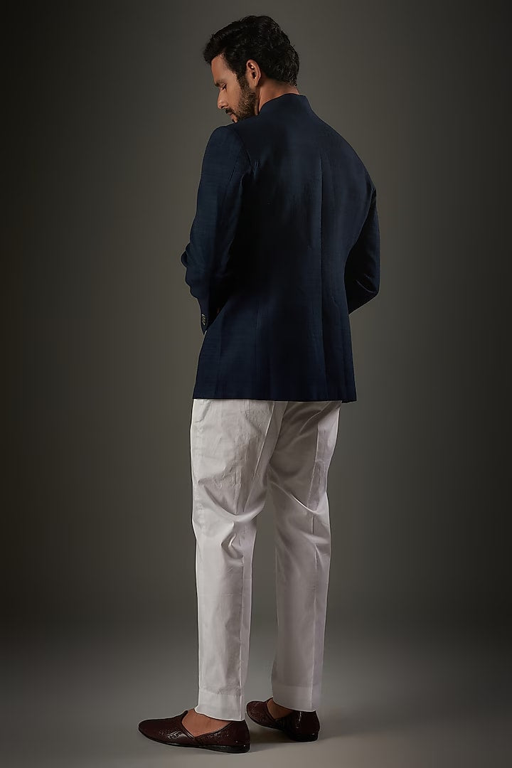Indigo Matka Silk Animal Embroidered Bandhgala