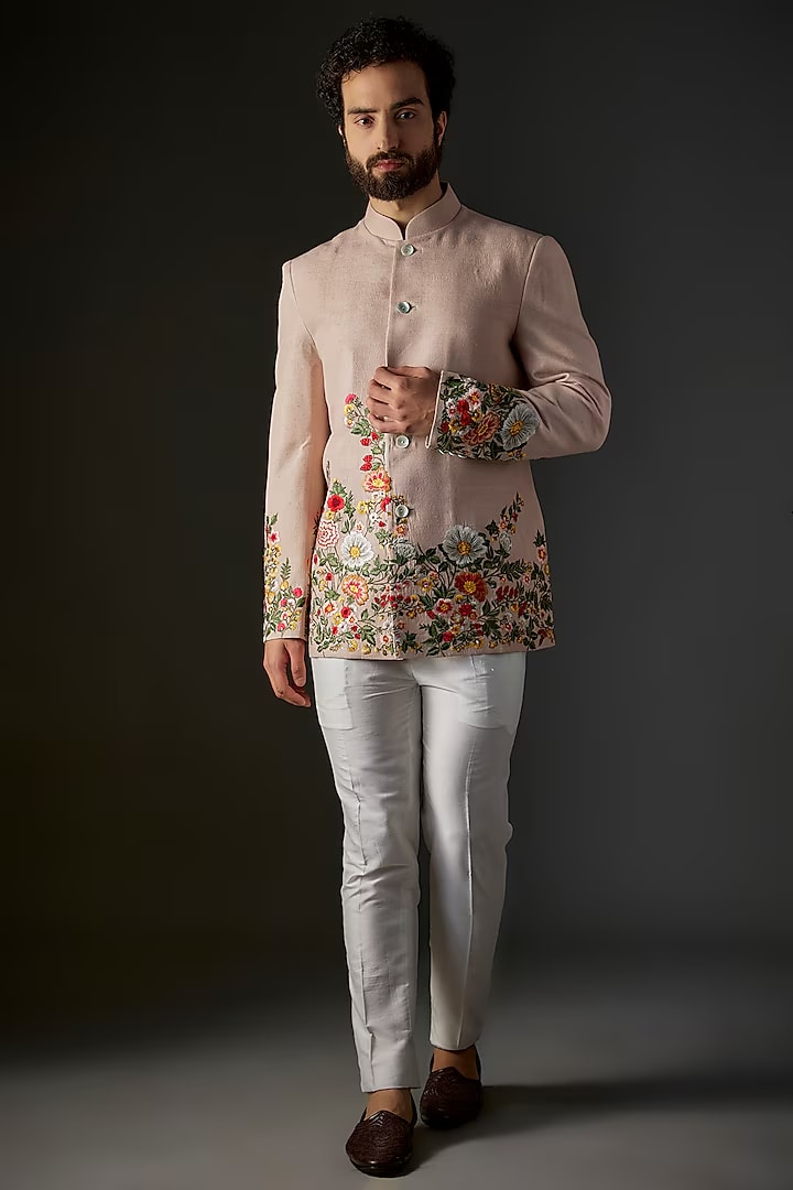 Peach Matka Silk Floral Hand & Machine Embroidered Bandhgala