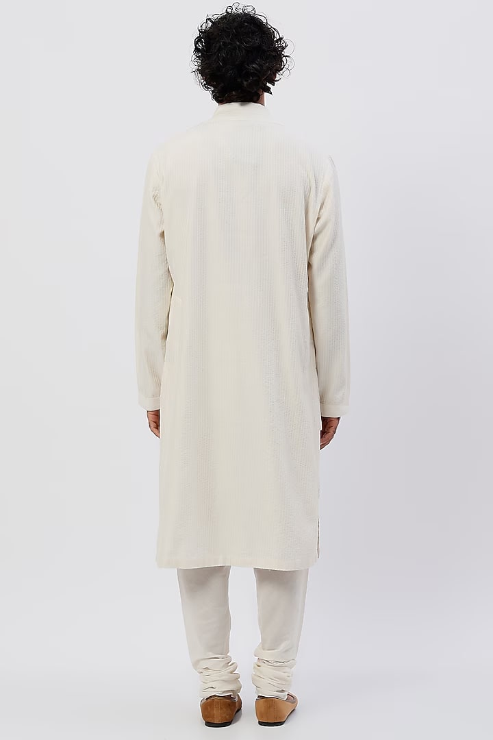 Men White Machine Embroidered Kurta Set
