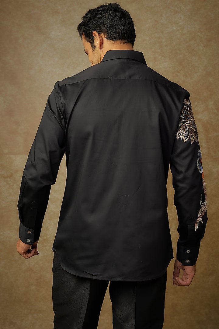 Black Poplin Shirt With Bird Embroidered