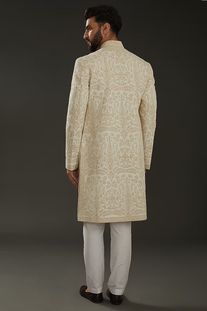 Men Ivory Matka Silk Hand Embroidered Sherwani