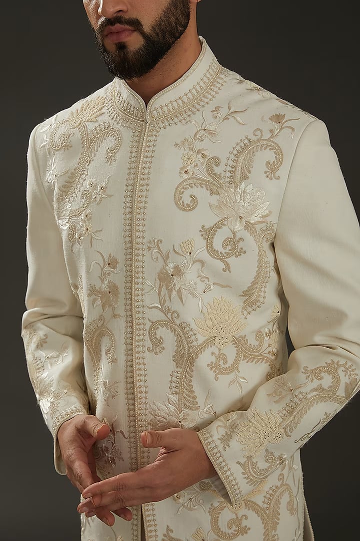 Men Ivory Matka Silk Hand Embroidered Sherwani