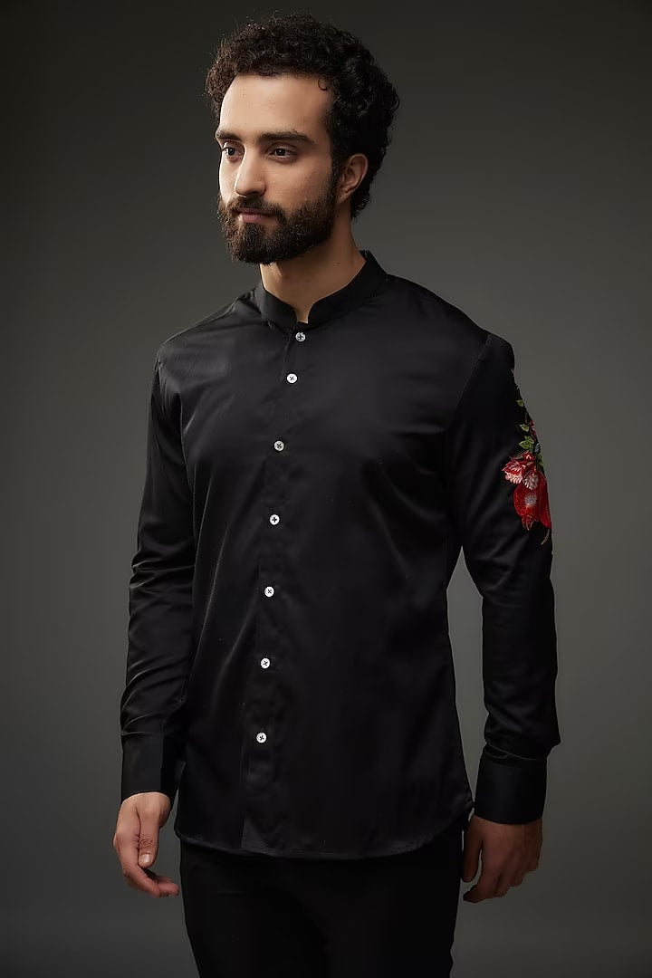 Black Poplin Thread Embroidered Shirt