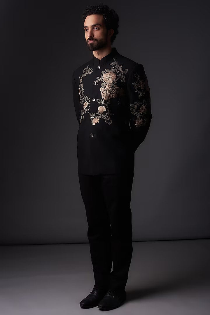Black Matka Silk Floral Embroidered Bandhgala