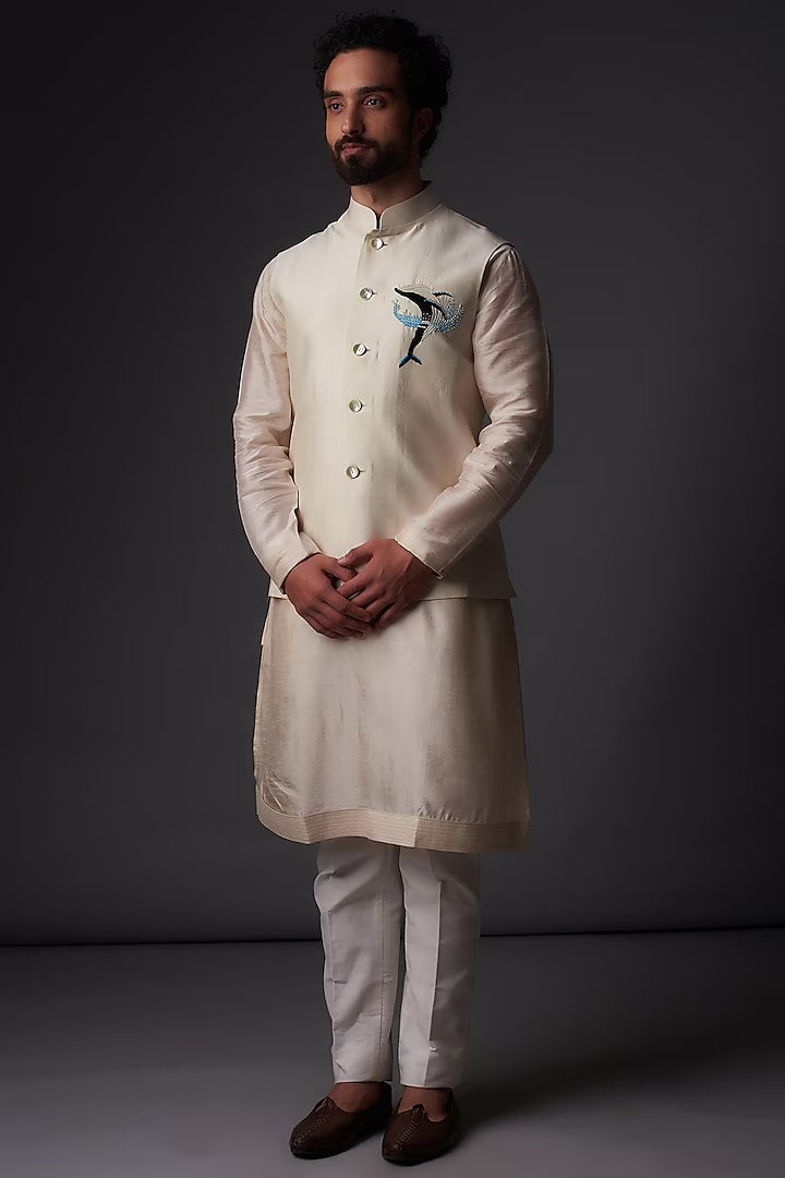 Ivory Chanderi Silk Applique Embroidered bundi