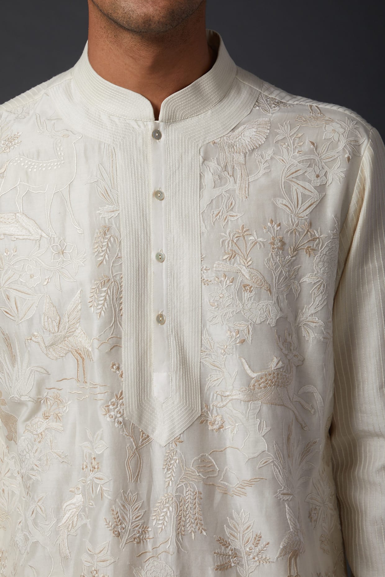 Men Ivory Chanderi Embroidered Kurta Set