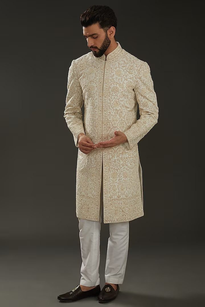 Men Ivory Matka Silk Gold Zari Embroidered Sherwani