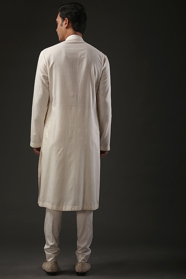 Men Ivory Chanderi Silk Resham Embroidered Kurta Set