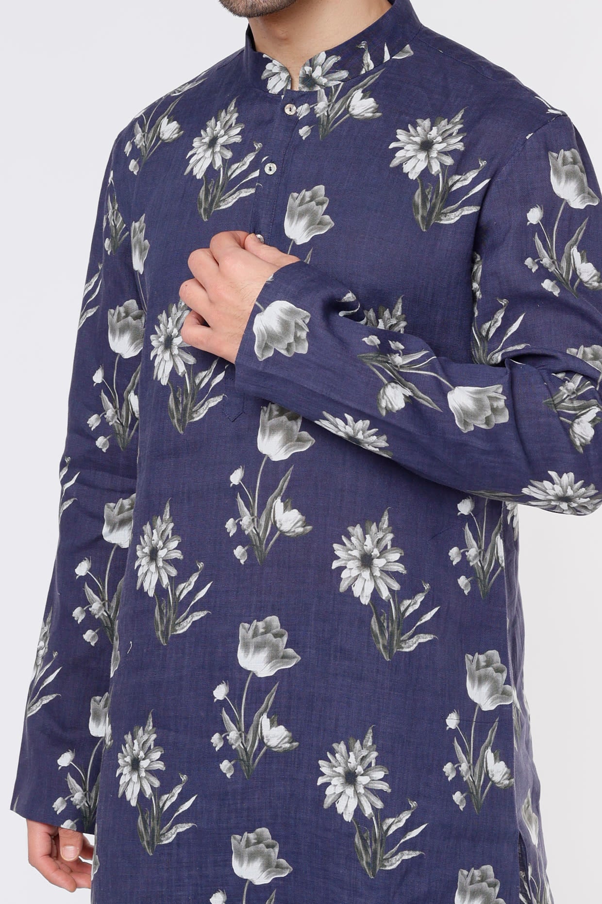 Indigo Linen Printed Kurta With Cotton Churidar