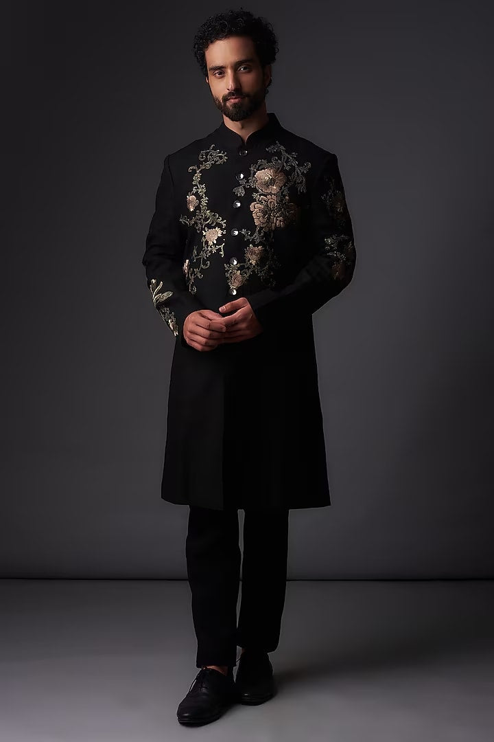 Men Black Matka Silk Floral Embroidered Sherwani