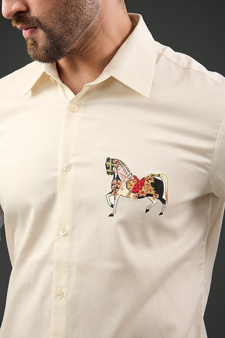 Ivory Poplin Shirt With Bird Embroidery