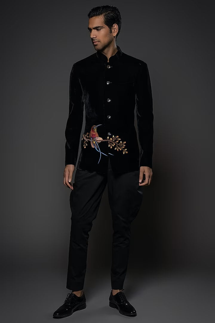 Black Velvet Bird Embroidered Bandhgala