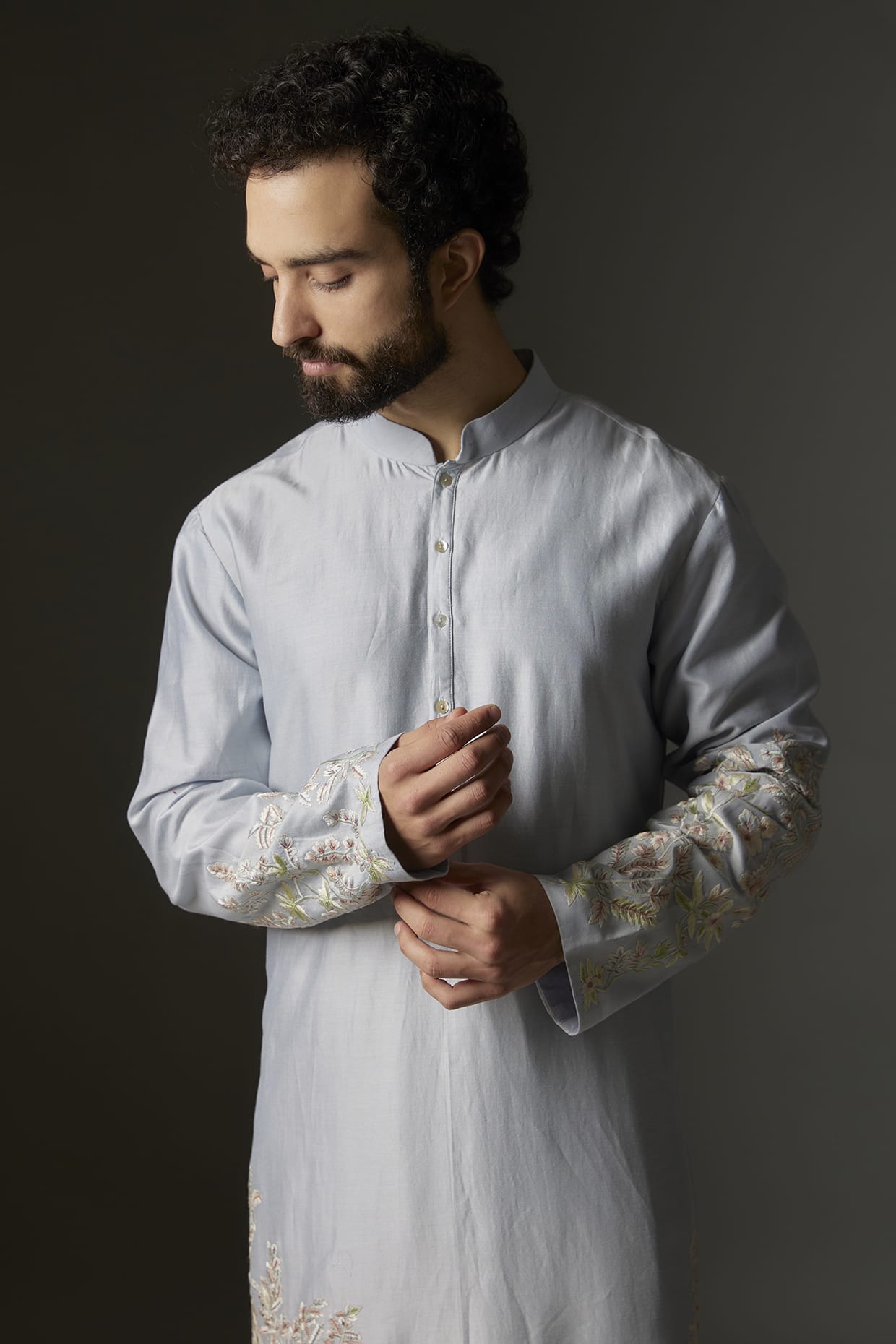 Men Powder Blue Chanderi Silk Hand Embroidered Kurta Set