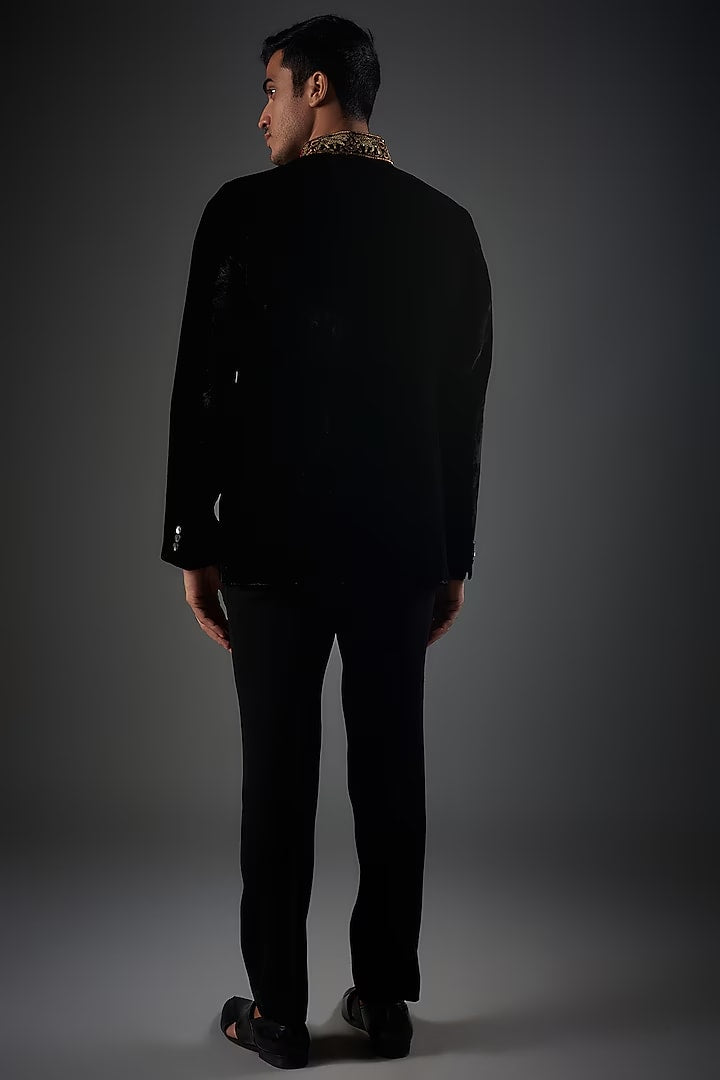 Black Silk Velvet Machine Embroidered Bandhgala