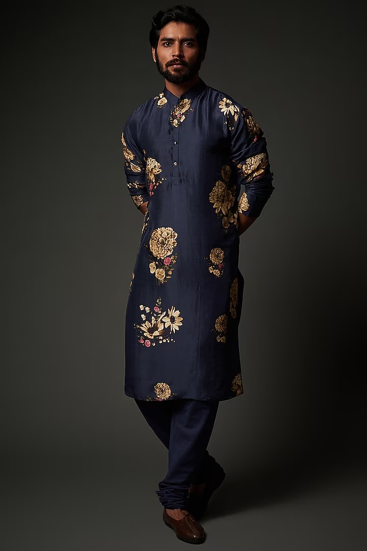 Men Indigo Blue Silk Digital Printed Kurta Set