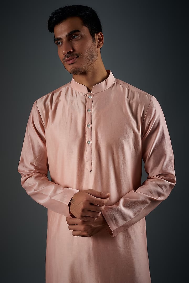 Men Dull Pink Chanderi Silk Hand Embroidered Kurta Set
