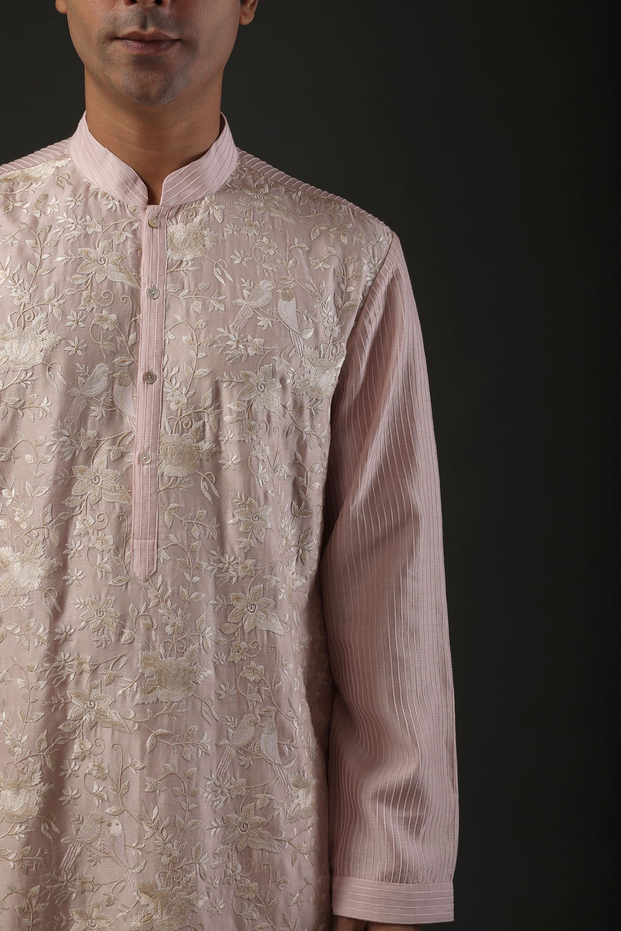 Men Powder Pink Embroidered Kurta Set