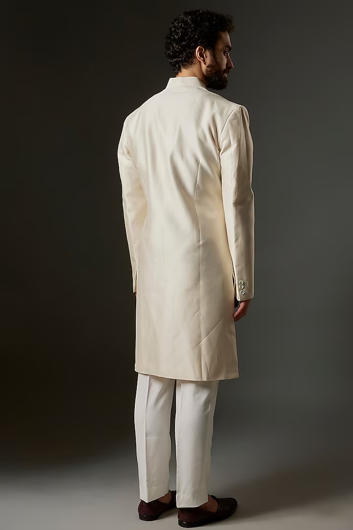 Men Ivory Matka Silk Applique Embroidered Sherwani
