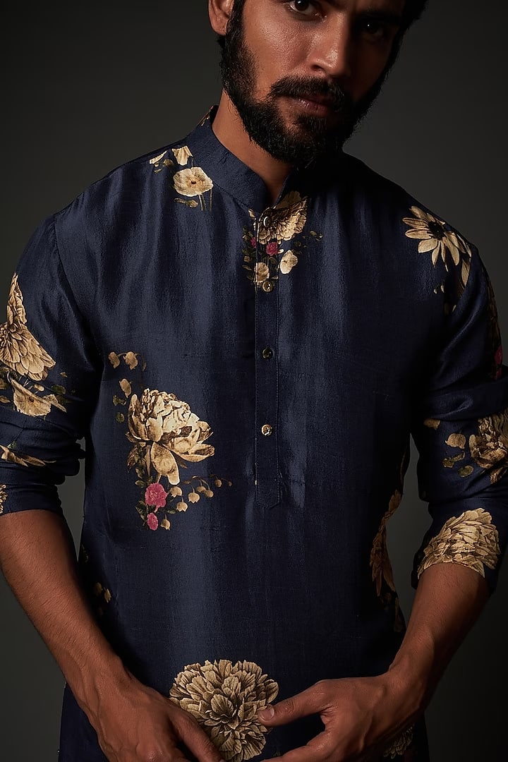 Men Indigo Blue Silk Digital Printed Kurta Set