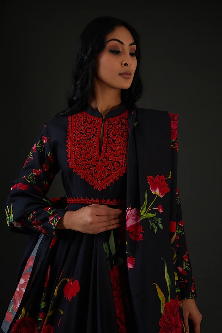 Chanderi Silk Printed Anarkali Set With Neck Embroidery