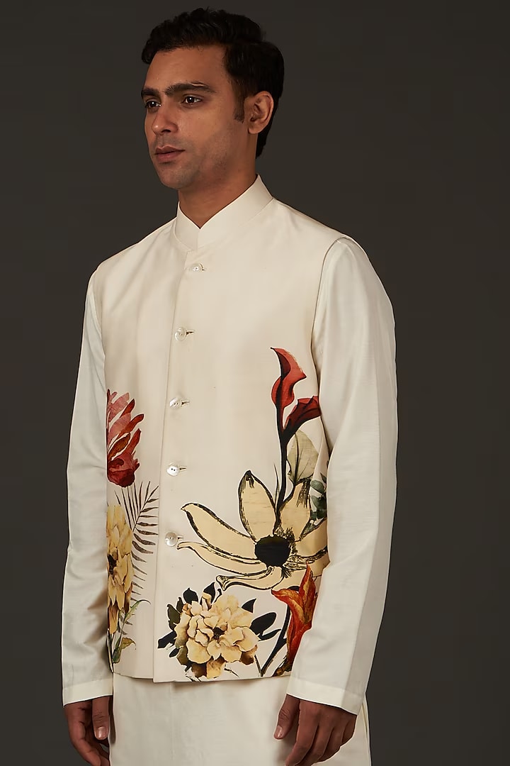 Ivory Linen Floral Printed Bundi