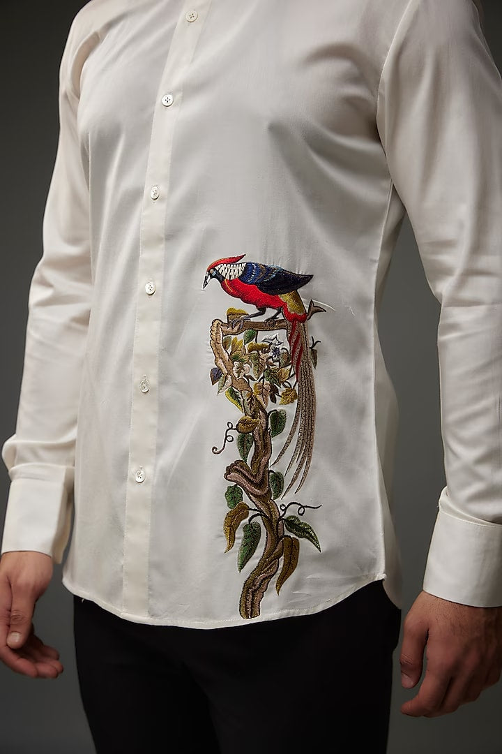 Ivory Poplin Shirt With Embroidery