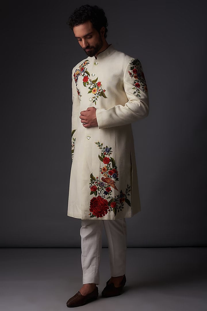 Men Ivory Matka Silk Floral Embroidered Sherwani