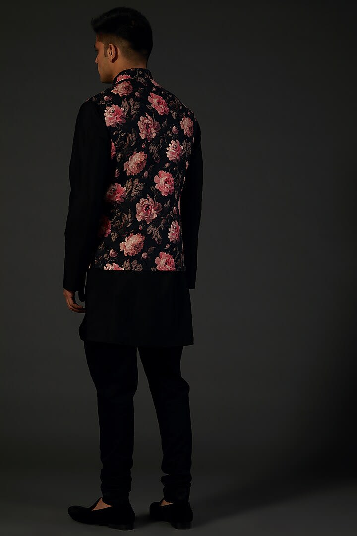 Black Linen Floral Digital Printed Bundi