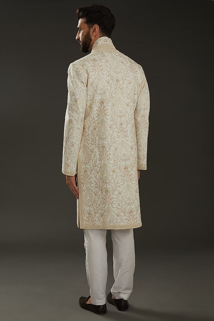 Men Ivory Matka Silk Resham Hand Embroidered Sherwani