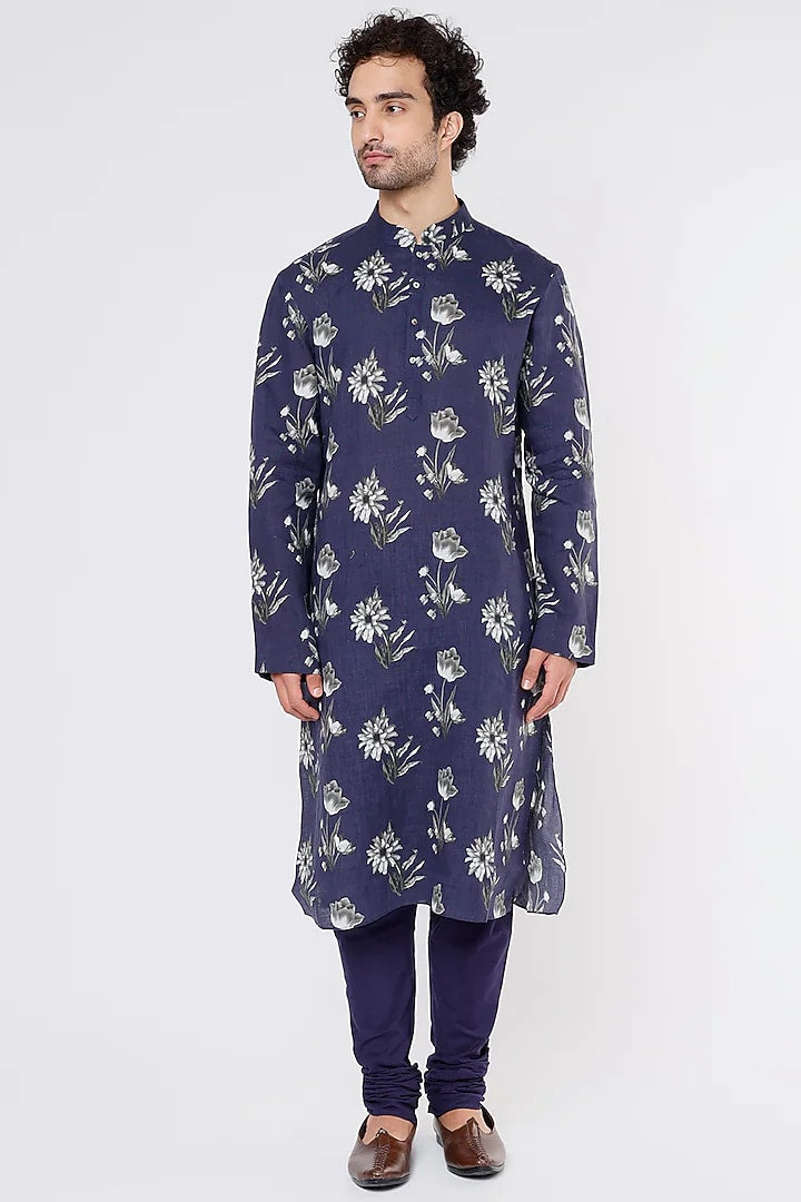 Indigo Linen Printed Kurta With Cotton Churidar