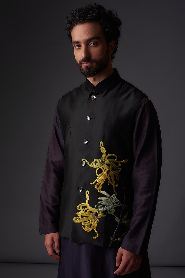 Black Chanderi SIlk Resham Embroidered bundi