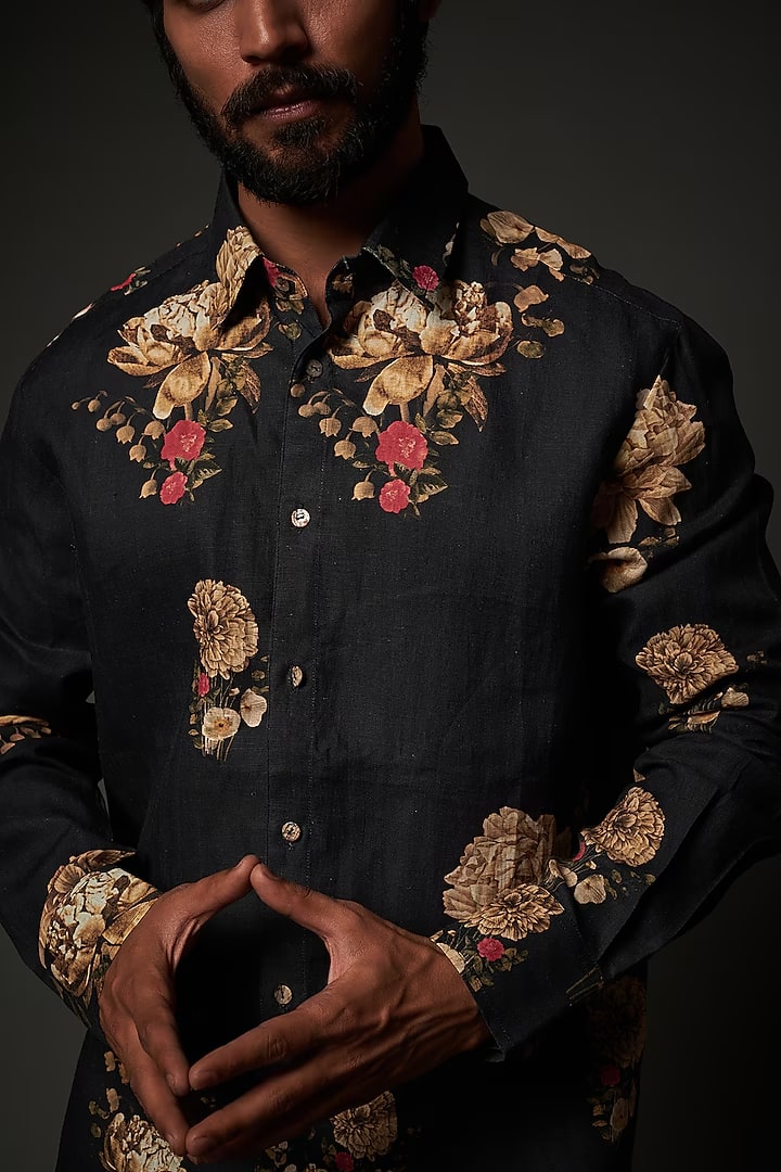 Black Linen Shirt With Digital Print