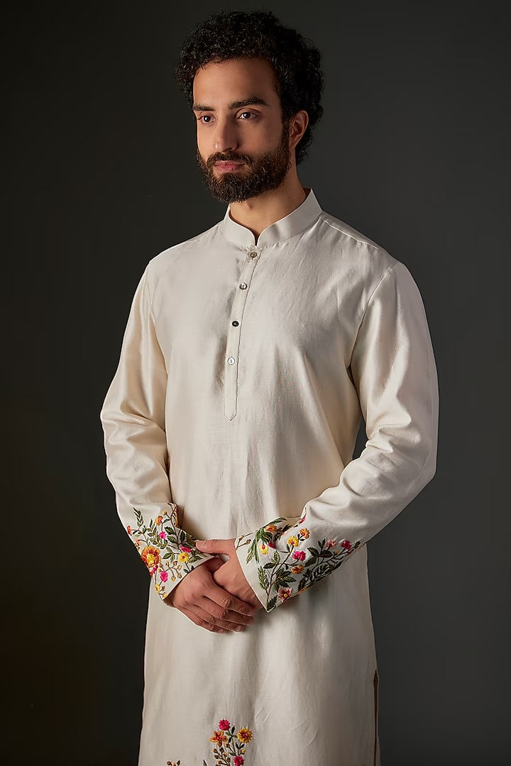 Men Ivory Chanderi Hand & Machine Embroidered Kurta Set