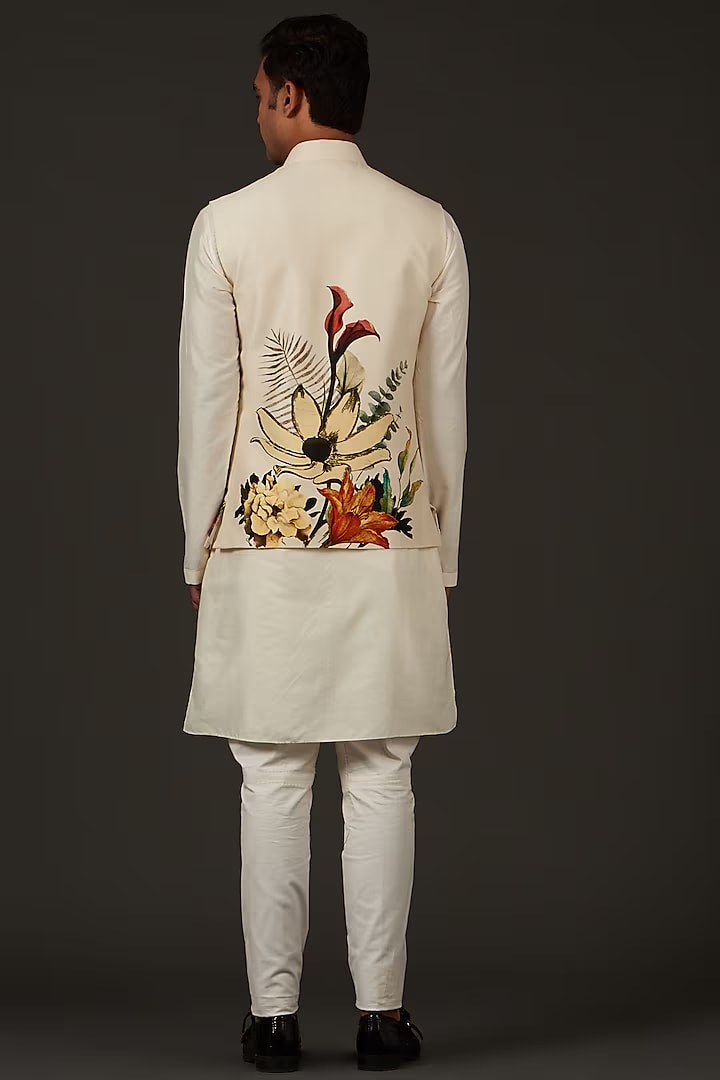 Ivory Linen Floral Printed Bundi