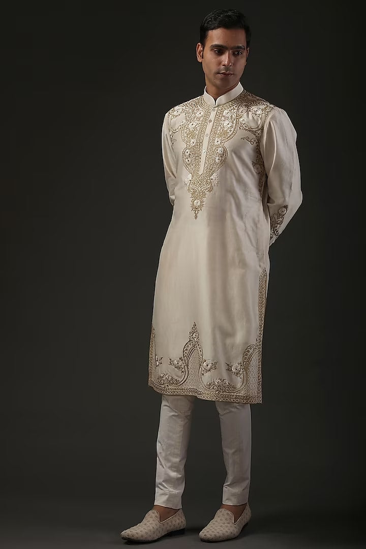 Men Ivory Chanderi Silk Zari Embroidered Kurta Set