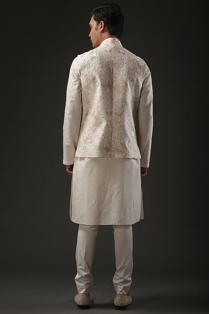 Ivory Chanderi Resham Embroidered bundi