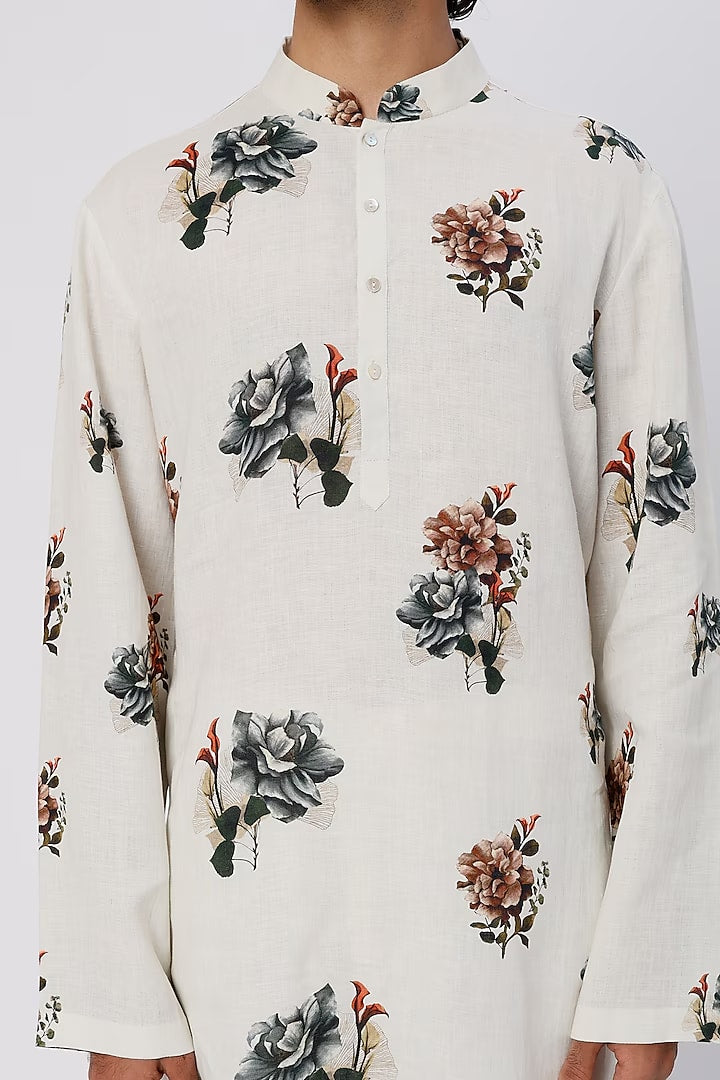 Men Ivory Floral Printed Kurta Set