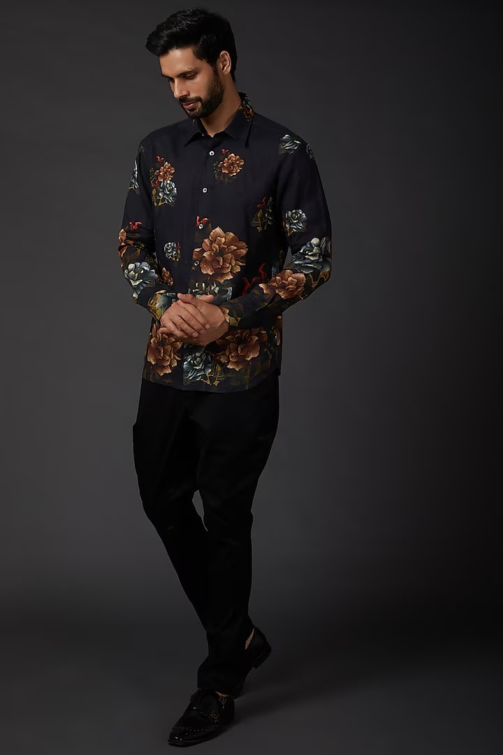 Indigo Linen Shirt With Digital Print